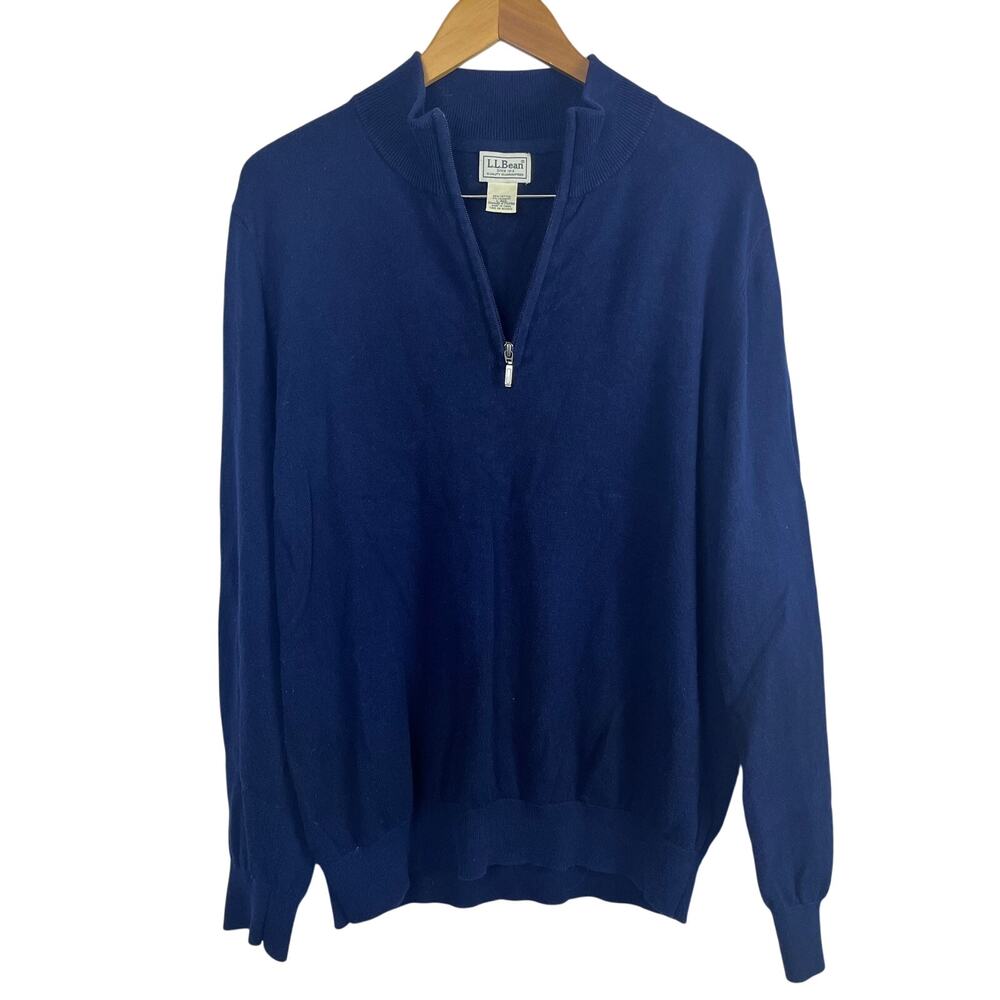 L.L. Bean Sweater Men's L Navy Blue 1/4 Zip‎ Cotton Cashmere Blend (M512)